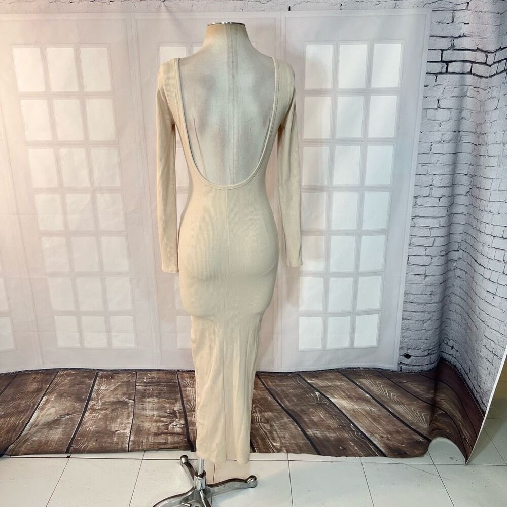 Fashion Nova Cream Long Sleeve Ribbed Bodycon Maxi Dress Size Medium - Picture 5 of 11